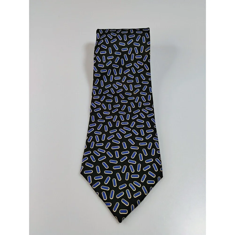 Vtg 80s Christian Dior Monsieur Silk Tie Blue Black Geometric Print